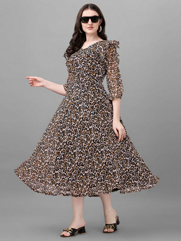 Floral Print Georgette Stitched Flared/A-line Gown  (Black)