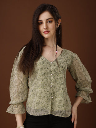 Casual Puff Sleeves Printed Women Multicolor Top