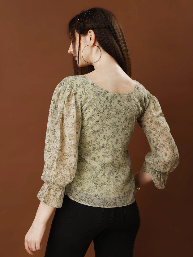 Casual Puff Sleeves Printed Women Multicolor Top