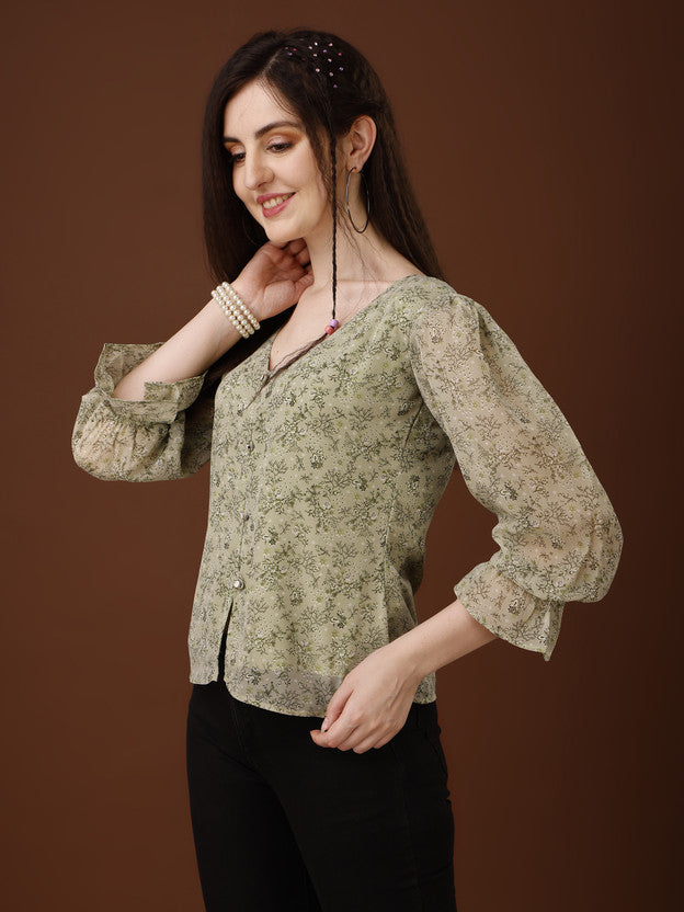 Casual Puff Sleeves Printed Women Multicolor Top